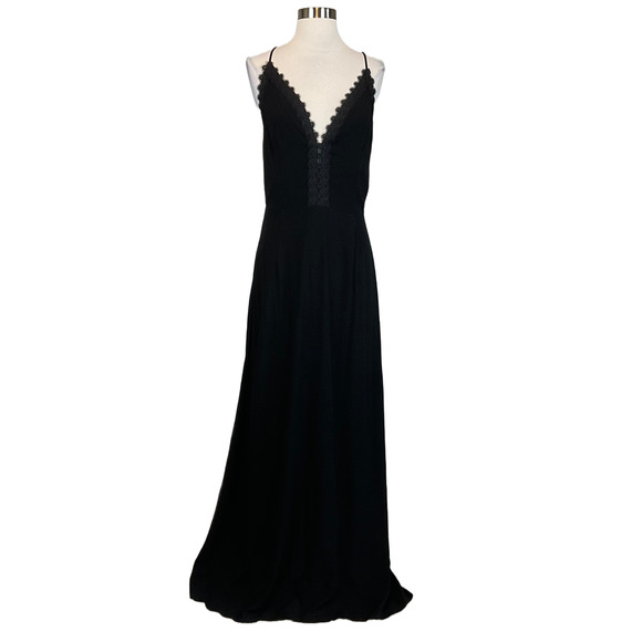 AQUA Backless Lace Trim Long A-Line Evening Gown Black Size 6 Medium Dress - Picture 1 of 11